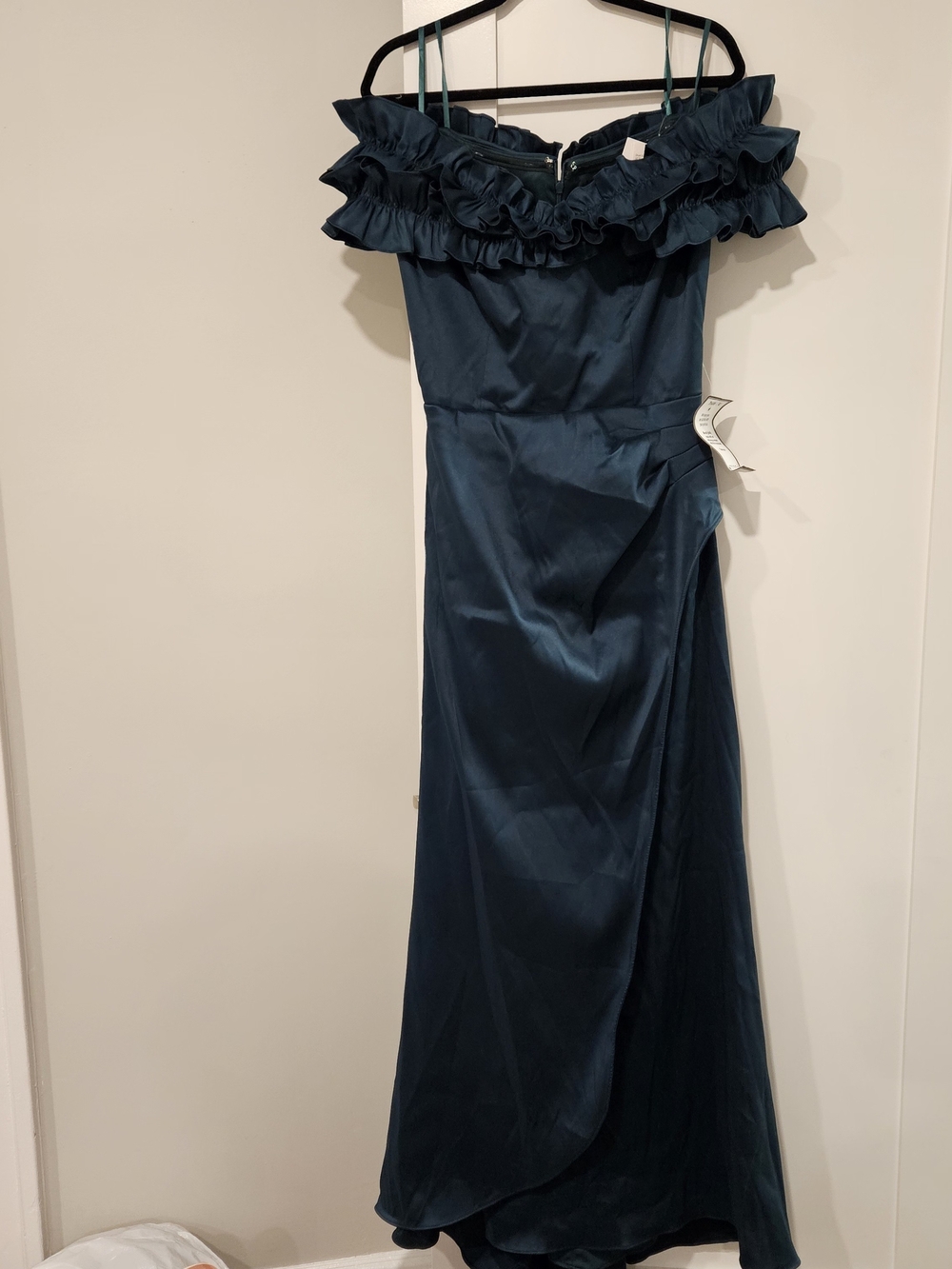 Xscape Teal Ruffled Off-Shoulder Satin Maxi Gown - Picture 4 of 9